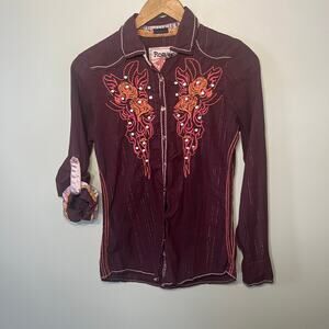 Roar Shirt Blouse Womens Burgundy Western Pearl Snap Embroidered Tab Sleeve M